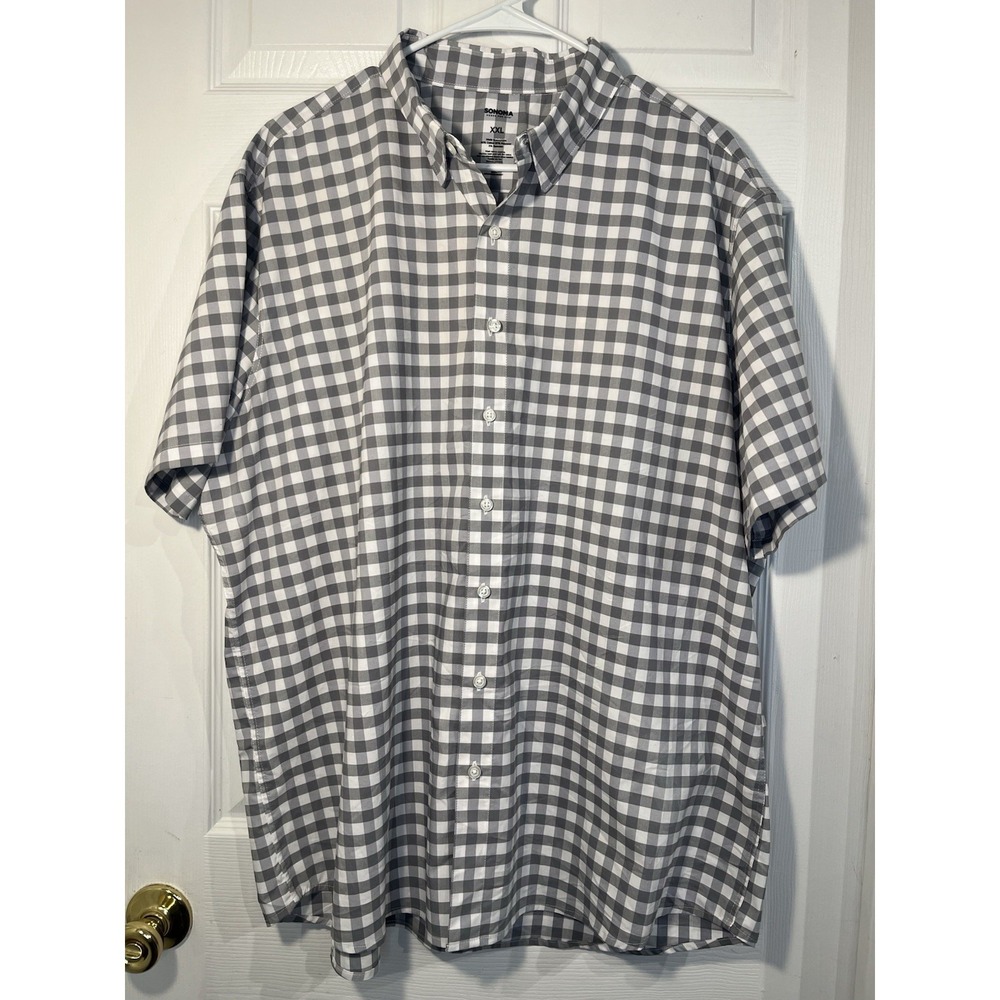 Sonoma Goods For Life Men's XXL Gray Gingham Stretch Button Shirt Short Sleeve